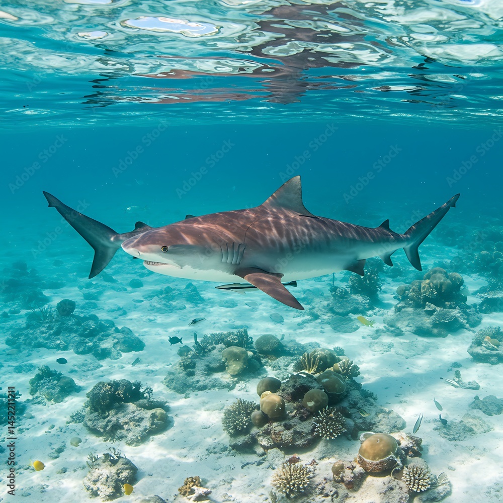 Fototapeta premium Tiger Shark's Grace: Coral Reef Majesty AI Generated