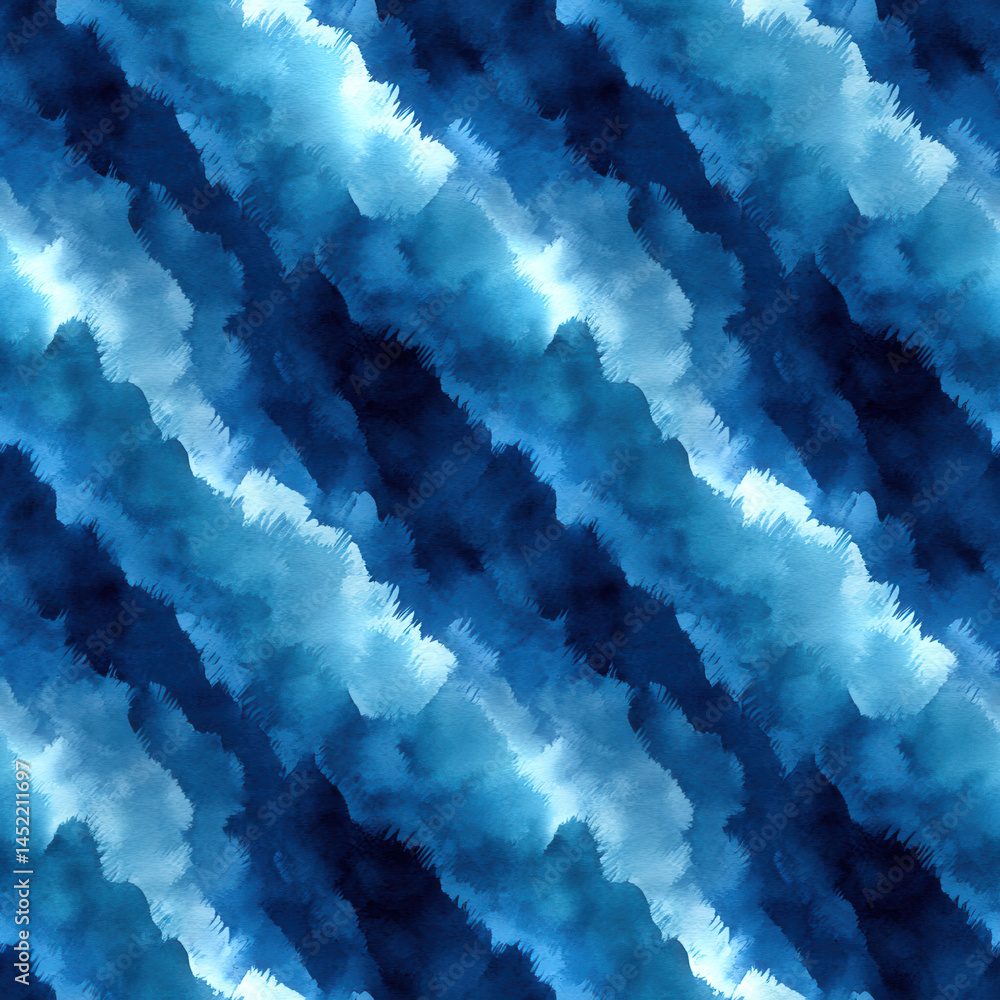 Seamless watercolor pattern with blue abstract brush strokes creating textured effect