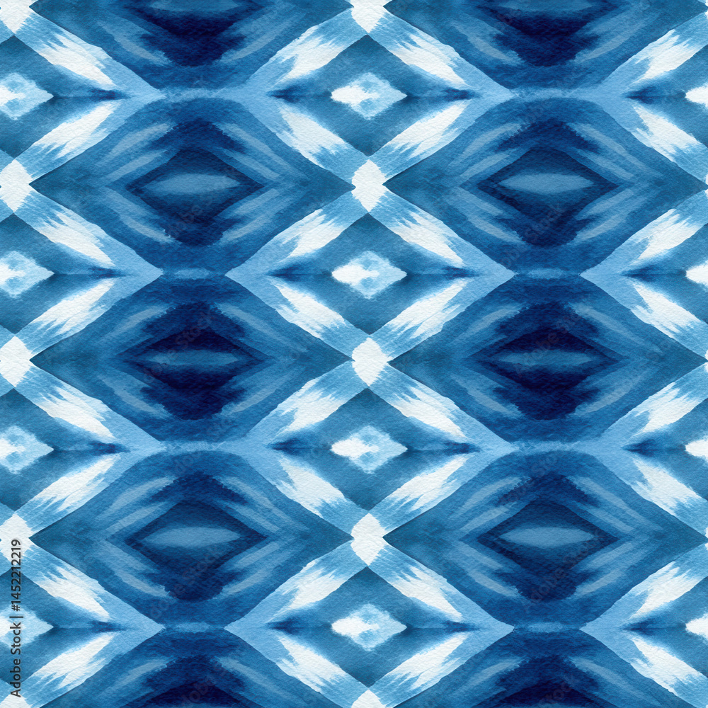 This seamless pattern features geometric design with blue and white diamond shapes creating dynamic visual effect