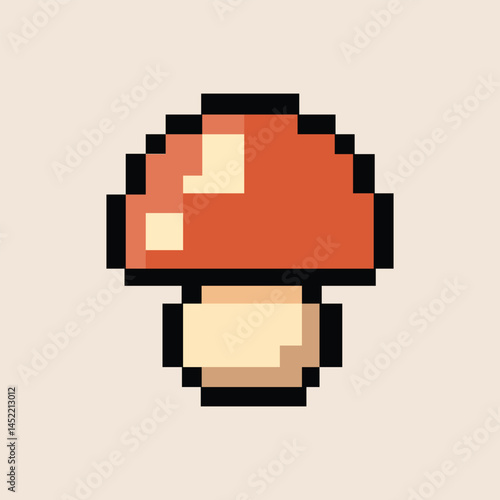 Classic pixel mushroom on warm beige forest floor background