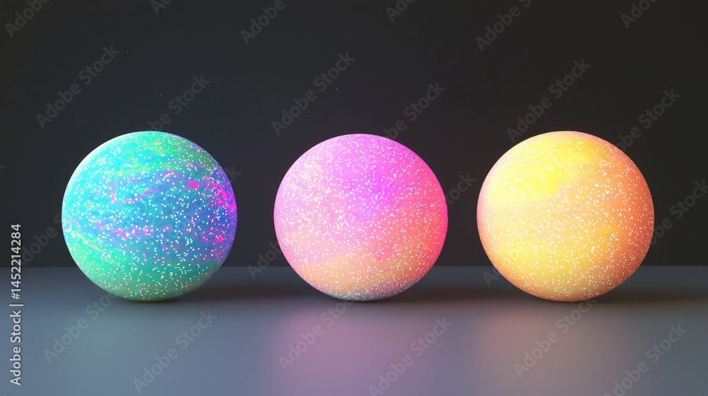 Vibrant, glowing spheres with unique textures and colors on a dark background. Vibrant, glowing spheres with unique textures and colors on a dark background.