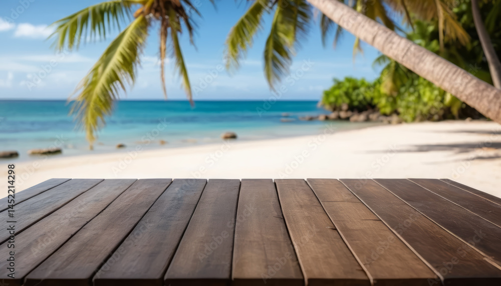 Empty wooden table top with a blurred tropical beach background for product display Empty wooden table top with a blurred tropical beach background for product display