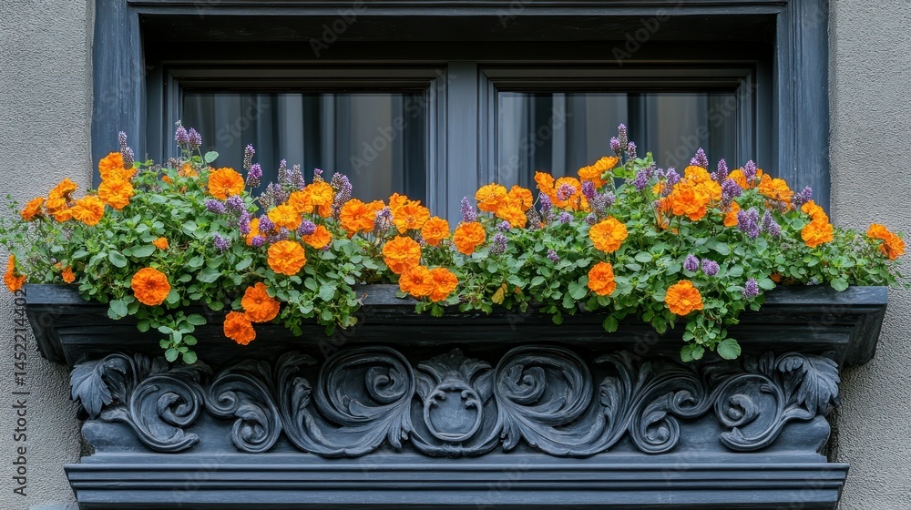 Fototapeta premium Ornate window box filled with vibrant orange and purple flowers