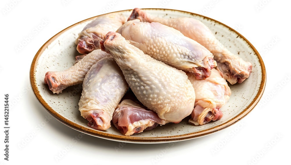 A plate of raw chicken meat, cut into pieces and placed on a table, with a white background A plate of raw chicken meat, cut into pieces and placed on a table, with a white background