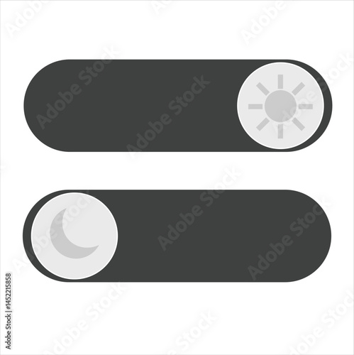 Day and night mode switch. On and Off toggle switch. Light and dark mode buttons for web design, mobile app, mobile UI. Button with day and night switching mode.