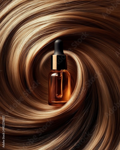 Hair oil dropper surrounded by flowing hair.