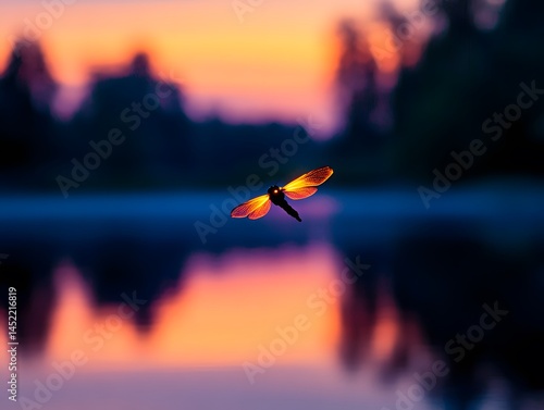 54. A glowing firefly hovering over a lake at sunset