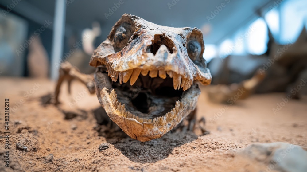This image showcases a detailed dinosaur skull fossil, emphasizing its intricate structure and historical significance in the vast exhibit of prehistoric creatures and life. This image showcases a detailed dinosaur skull fossil, emphasizing its intricate structure and historical significance in the vast exhibit of prehistoric creatures and life.