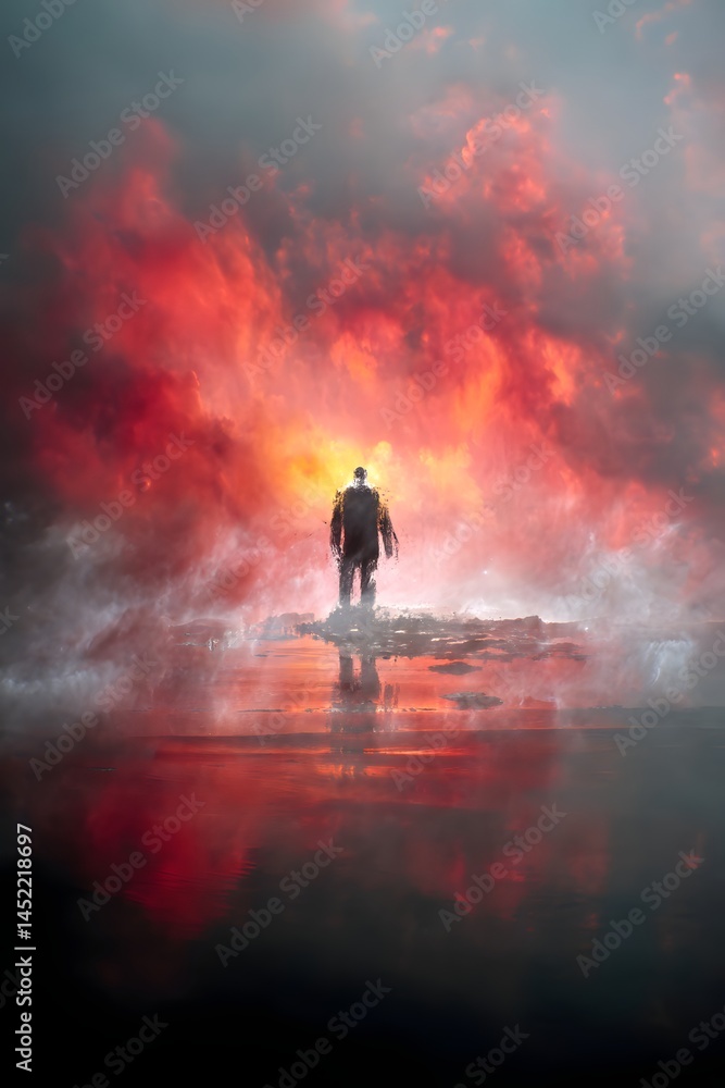 Fototapeta premium Solitary Traveler: A lone figure stands at the edge of an ethereal landscape, silhouetted against a dramatic, fiery sky and water, evoking feelings of introspection and the unknown. 