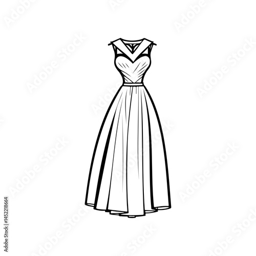 Elegant contoured sketch of a full-length vintage dress, black line on a white field