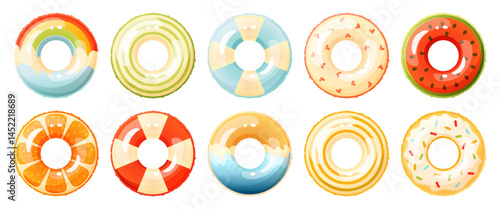 Set of different colored inflatable swimming rings. Bright lifebuoy, inflatable float toy. Summer accessory for swimming on the beach, in the pool. Vector illustration.