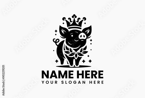 Ornate pig portrait with rococo crown of roses, vintage vector logo for gourmet charcuterie and wine labels  