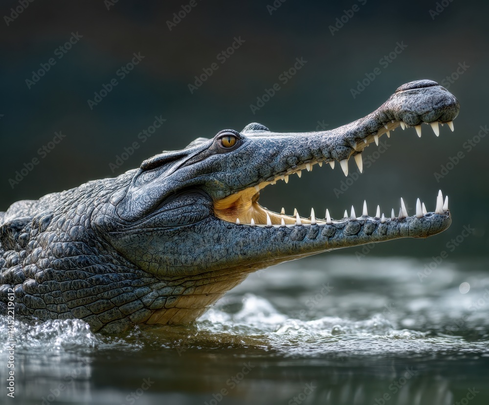 Naklejka premium Indian gharial, Gavialis gangeticus, open muzzle in water. Mouth with many teeth