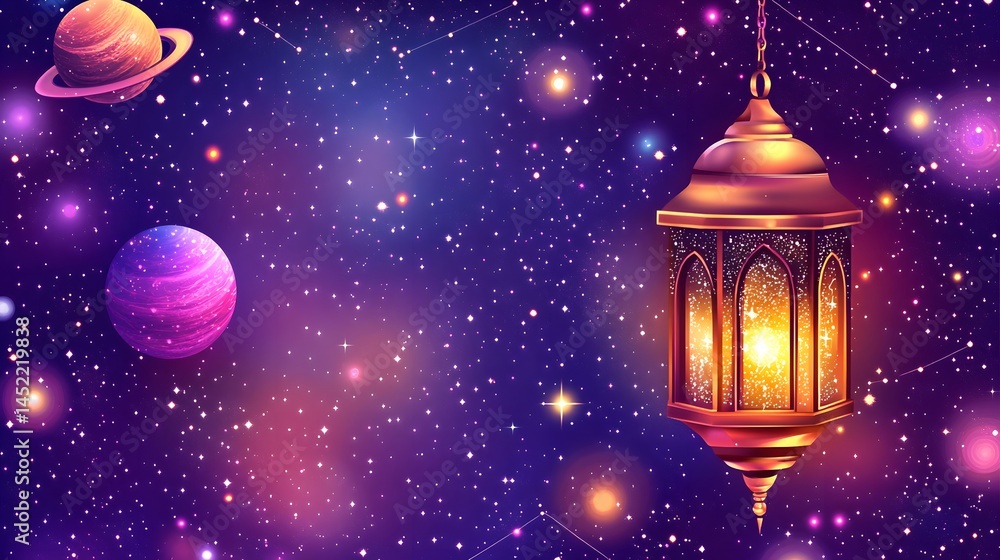 Fototapeta premium Glowing Ramadan Lantern in Space Galaxy