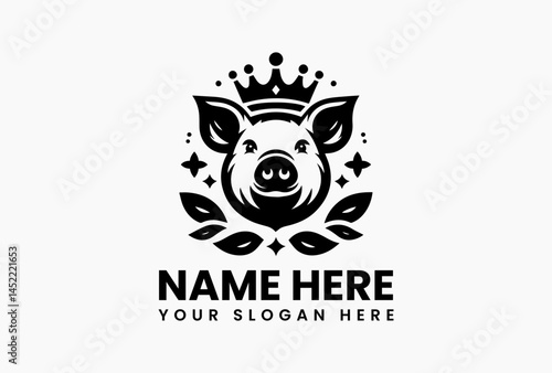 Ornate pig portrait with rococo crown of roses, vintage vector logo for gourmet charcuterie and wine labels  
