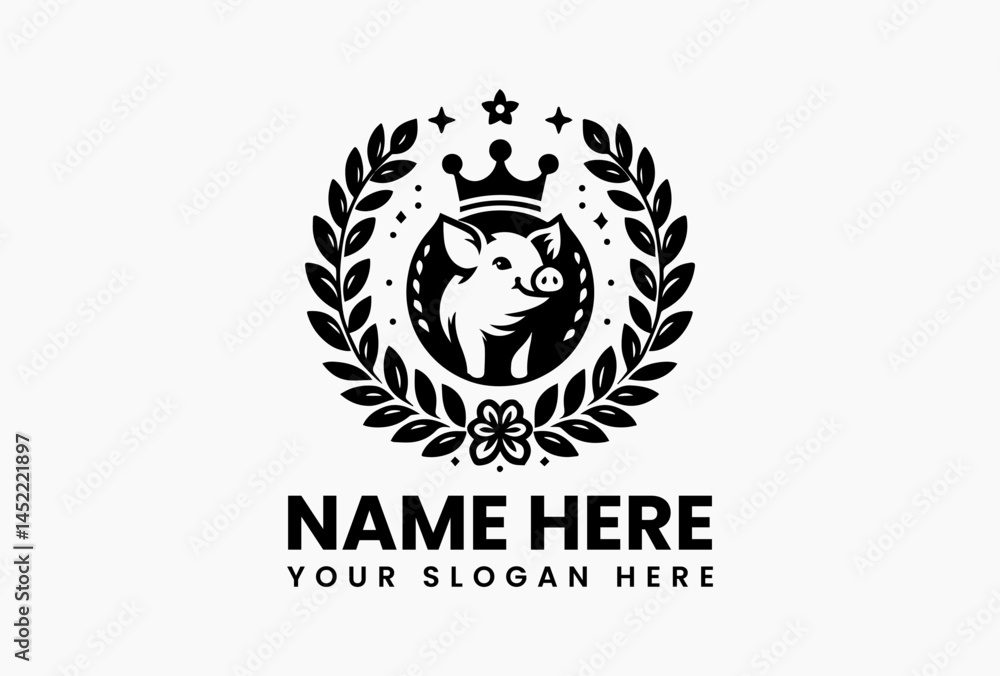 Polygonal pig head with abstract floral crown, modern vector logo for eco-friendly skincare and apothecaries Polygonal pig head with abstract floral crown, modern vector logo for eco-friendly skincare and apothecaries
