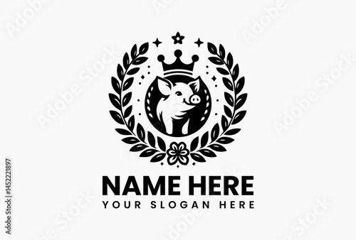 Polygonal pig head with abstract floral crown, modern vector logo for eco-friendly skincare and apothecaries  