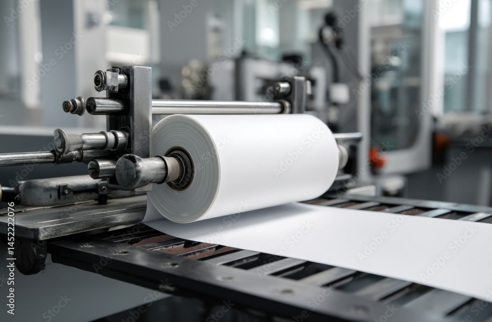 Fototapeta premium Unrolling Paper Roll Through Machine Smoothly for Usage and Paper Handling with a Production.