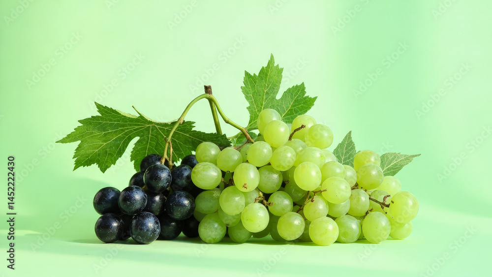 Fototapeta premium Fresh green and black grapes on a green backdrop showing the beauty of nature