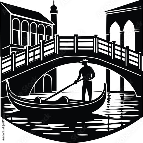 Venice Gondola Ride Black and White Vector Illustration of Italy Canal Scene