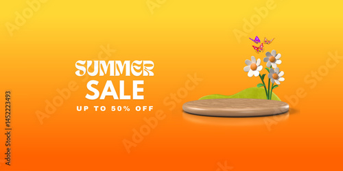 Summer discounts and sales. 3D realistic Brown Wooden Texture podium with Flowers and butterflies. Summer Sale up to 50%. Modern banner for product promotion and special deals. Vector illustration