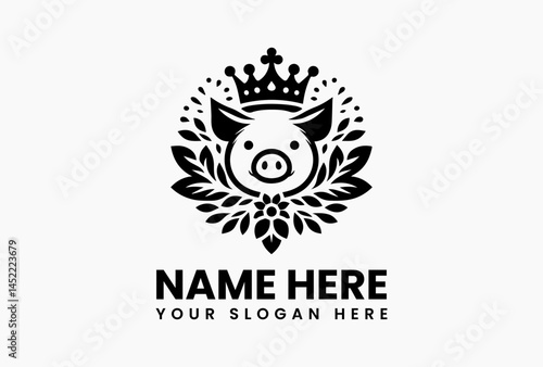 Polygonal pig head with abstract floral crown, modern vector logo for eco-friendly skincare and apothecaries  