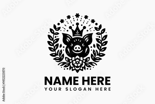 Polygonal pig head with abstract floral crown, modern vector logo for eco-friendly skincare and apothecaries  