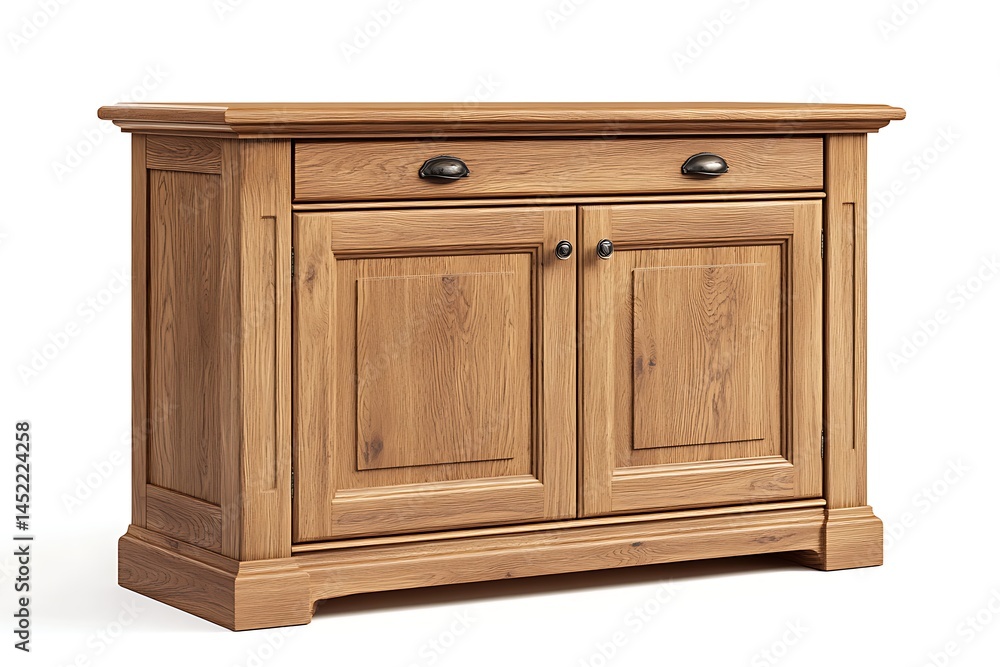 A solid oak sideboard with two doors and one drawer, isolated on a white background A solid oak sideboard with two doors and one drawer, isolated on a white background