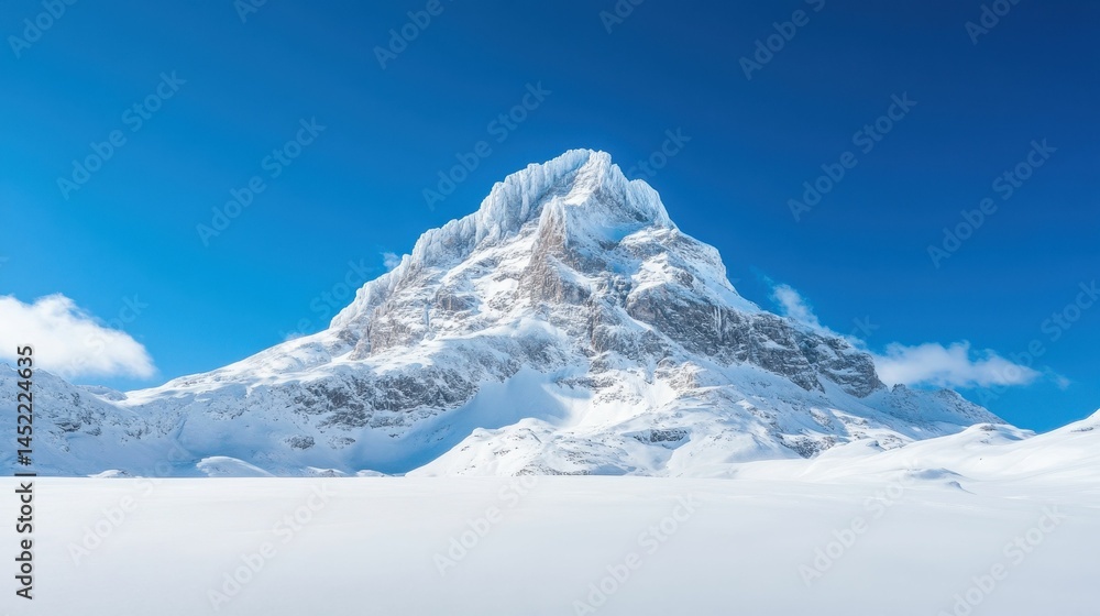 Fototapeta premium Snowy peak, vast white expanse, clear blue sky.