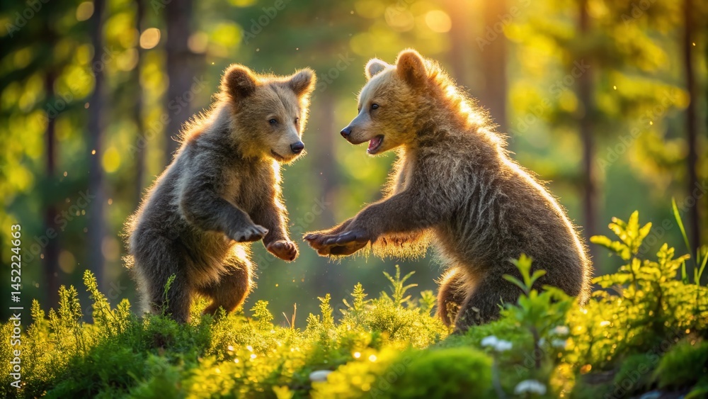 Obraz premium Adorable Finnish Brown Bear Cubs Playing in Forest - Aerial View