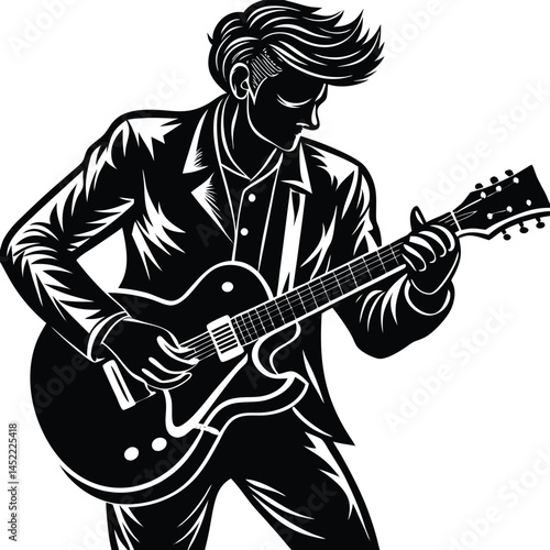 Rock and Roll Guitarist Vector Illustration: Retro Music Icon in Black and White
