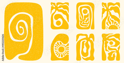 Palm trees, sun and ocean waves groovy vertical backgrounds set. Summer boho posters, vintage grainy texture, hand drawn wavy patterns in 60s, 70s. Modern retro Matisse style vector illustration