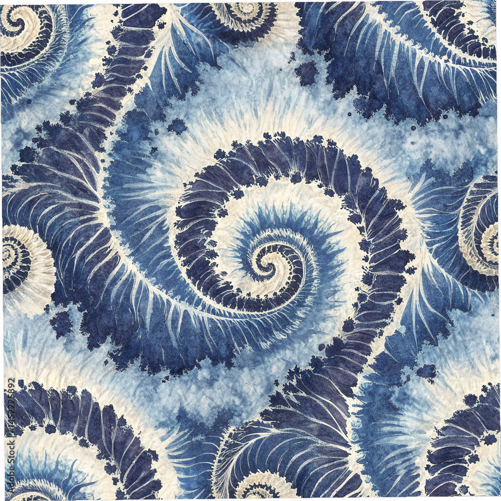 Seamless pattern of intricate blue and white spirals creates mesmerizing design