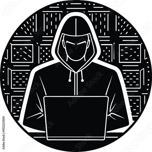 Hacker with Laptop Icon: Anonymous Cyber Security Threat in Black and White Vector
