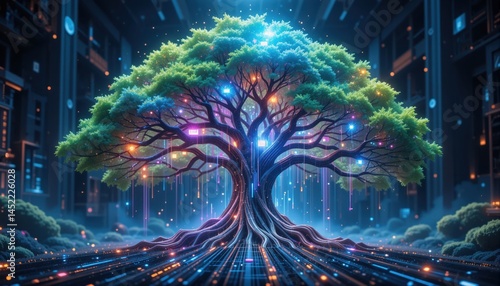 Vibrant Bioluminescent Tree in Futuristic Urban Environment with Glowing Elements and Digital Light Effects Creating a Magical Sci-Fi Atmosphere