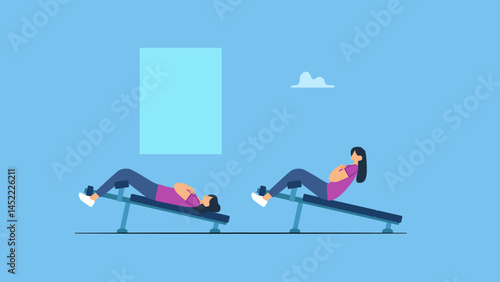 Vector illustration of a woman doing sit-ups on the bench at the fitness center or gym. Woman exercise with isolated background.