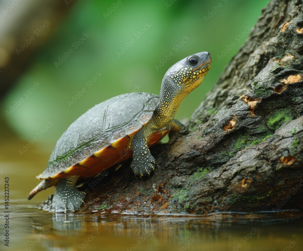Fototapeta premium Burmese turtle, Batagur trivittata, endemic to Tiver. Turtle in the trunk of an aquatic tree
