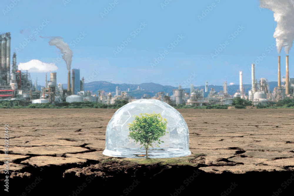 Small tree protected by glass dome in dry wasteland near factories, powerful metaphor for climate emergency, nature conservation, last hope and ecological protection efforts.