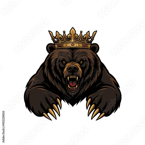 King Bear Mascot with Crown and Roaring Expression