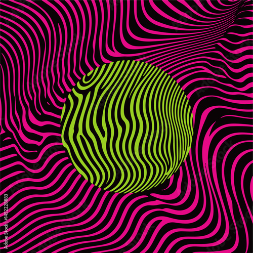 Abstract vector illustration features a neon green sphere surrounded by dynamic, flowing magenta lines on a black background, creating a sense of motion and energy.