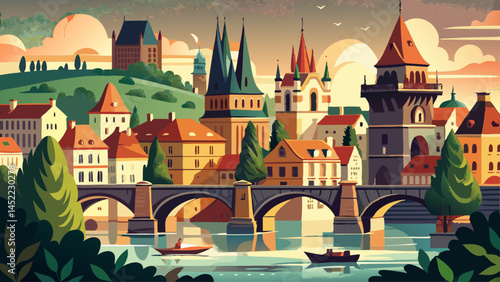 Karlov or charles bridge and river Vltava in Prague in summer