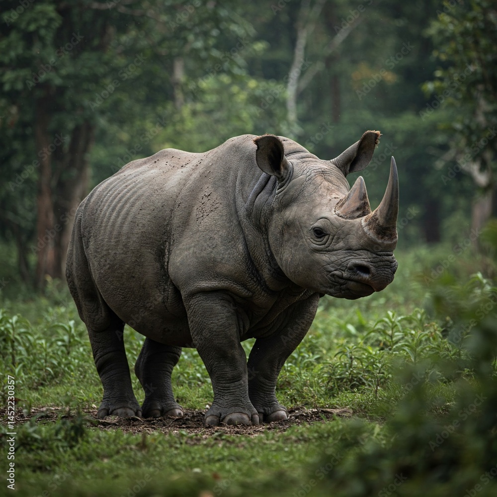 Fototapeta premium Thick-skinned rhinoceros calmly moving through leafy forest, a magnificent example of wildlife in its habitat