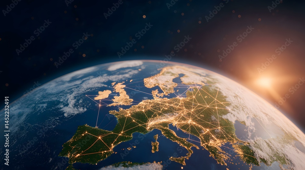 Fototapeta premium A digitally enhanced image of planet Earth, showcasing Europe at night with illuminated cities and connecting lines representing communication networks or transportation routes, all bathed in the war