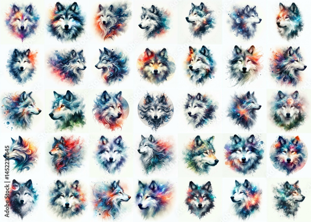 Wolf head. Double exposure watercolor . Watercolor style. AI generated illustration