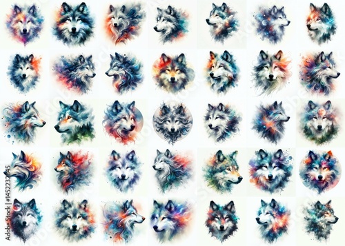 Obraz na płótnie Wolf head. Double exposure watercolor . Watercolor style. AI generated illustration w salonie