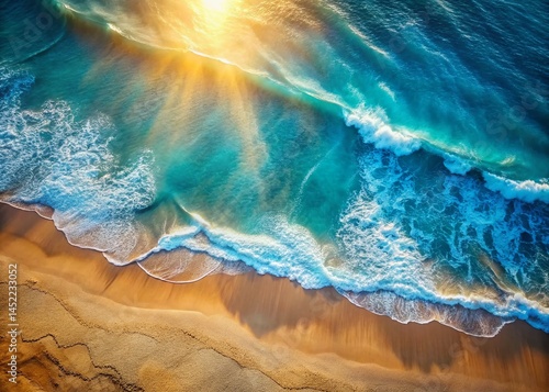 Aerial View Abstract Sand Beach Summer Vacation Background Light Blue Water Wave Sunlight