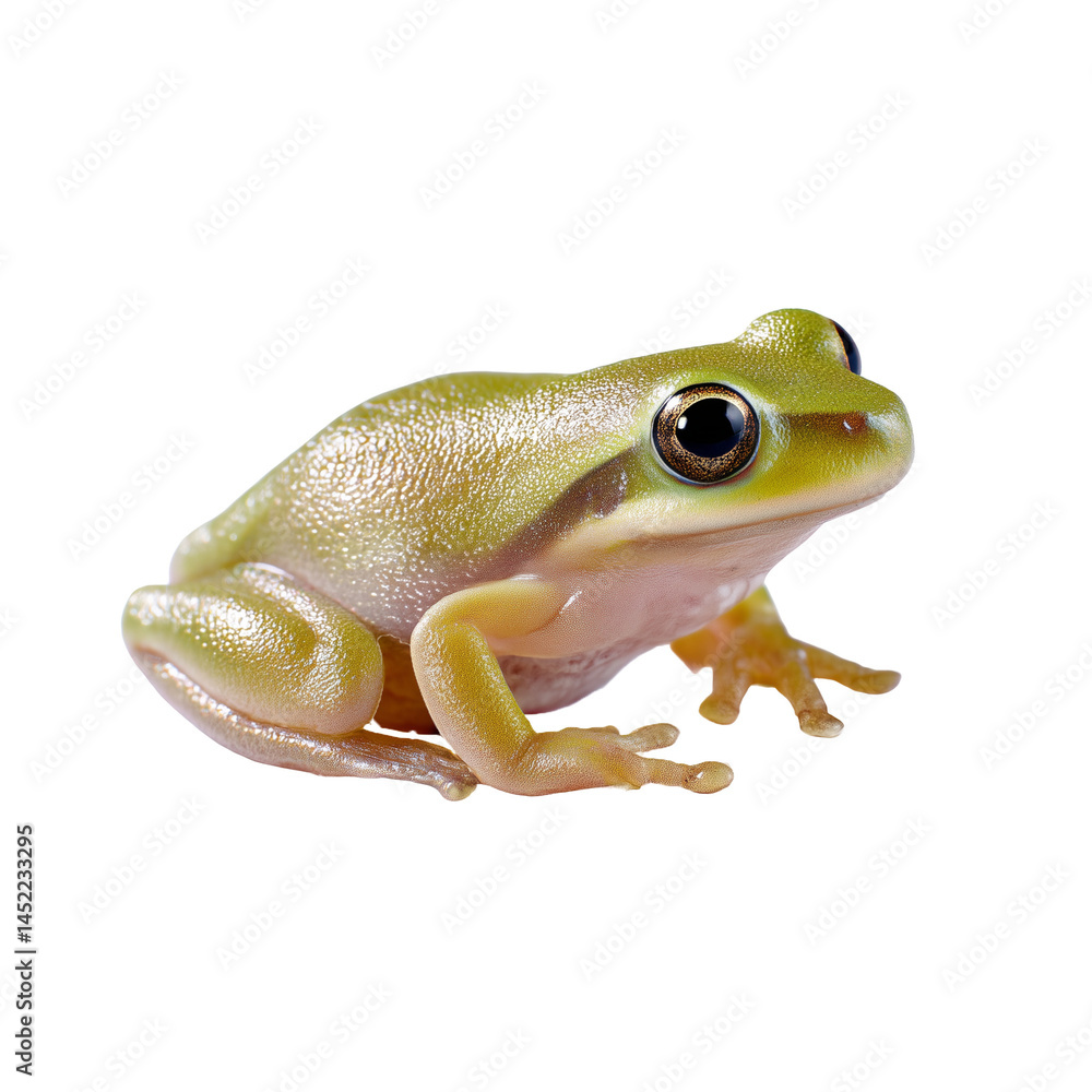 Obraz premium A shiny green-yellow frog is captured in high detail against a clean white background, showcasing its smooth skin texture, large eyes, and poised stance.