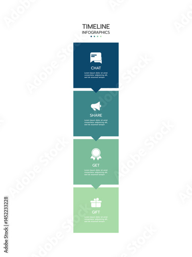 Timeline infographic template featuring four vertical, connected rectangular banners with a gradient from dark blue to light green. Each banner contains a title, icon, and text. Vector illustration.