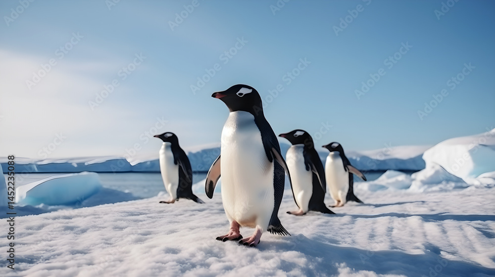 Fototapeta premium Four penguins standing on a snowy surface with icebergs in the background.