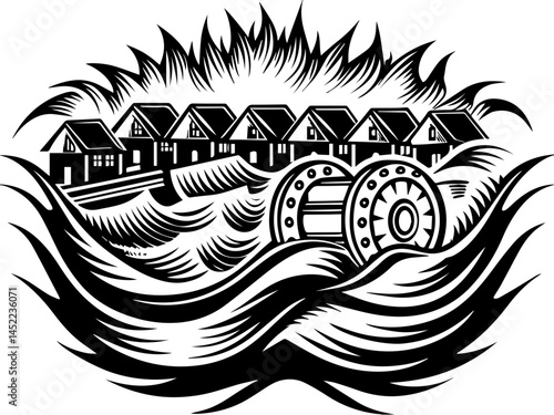 SVG visuals promoting environmental awareness and sustainable living. Tidal Energy Generator Powering Seaside Homes in Wave Motion Design